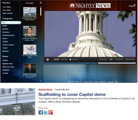 Screen shot of NBC video coverage of U.S. Capitol Dome restoration project includes Vertical Access team performing inspection of conditions. 